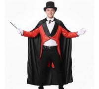 Costume de magicien adulte - 4 pièces - Tenue magique pour fêtes sur le thème du cirque - Gilet rouge, cape noire, chapeau haut-de-forme, gants blancs et baguette - Journée mondiale du livre