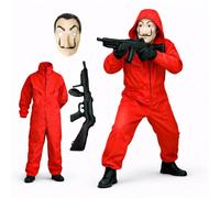 Costume de maison de l'argent 3 pièces avec masque Dali, fusil gonflable, taille unique, combinaison rouge, pour adulte, unisexe, pour carnaval et Halloween (180-200 cm)