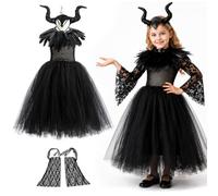 Costume de Maléfique pour fille, robe de méchante reine avec cornes et cape à ailes noires, robe de sorcière sans manches, costume de cornes de diable pour Halloween, carnaval, cosplay, fête à thème