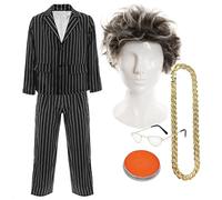 Costume de marchand d'antiquités pour adultes - XXL - Costume à rayures fines, perruque grise, lunettes demi-lune, collier doré, maquillage orange - Déguisement de présentateur de télévision pour