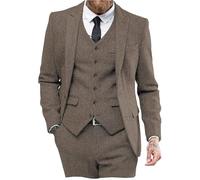 Costume de mariage 3 pièces en tweed à chevrons pour homme, marron clair, 44