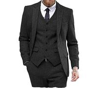 Costume de mariage 3 pièces en tweed à chevrons pour homme, noir, 52