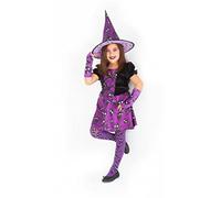 Costume de mariage Minini violet Rubies pour fille, robe de sorcière violette avec imprimé chaton et chapeau assorti, original, Halloween, carnaval et anniversaire, taille L