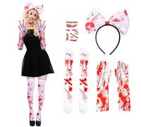 Costume de Mariée Zombie,Halloween Bandeau Serre-tête,Ensanglantées Chaussettes longues et Gants,Halloween Tatouages autocollants,Déguisement Mariée halloween,Deguisement Zombie Femme Cosplay (AA)