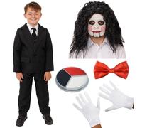 Costume de marionnette maléfique pour enfant - Costume d'Halloween pour enfant - Costume noir, nœud papillon rouge, peinture pour le visage, perruque et gants (taille L)