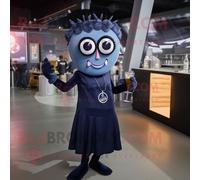 Costume De Mascotte Redbrokoly Cyclope Bleu Marine Habillé D'une Robe De Cocktail Et De Bandeaux Multicolore