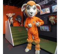 Costume De Mascotte Redbrokoly De Bélier Orange Habillé D'un Combishort Et D'épinglettes Multicolore