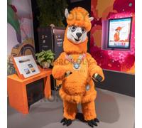 Costume De Mascotte Redbrokoly De Lama Orange Habillé D'un Combishort Et De Broches Multicolore