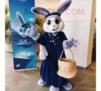 Costume De Mascotte Redbrokoly De Lapin Bleu Marine Habillé D'une Robe Portefeuille Et De Sacs Fourre-Tout Multicolore