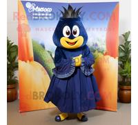 Costume De Mascotte Redbrokoly Mango Bleu Marine Habillé D'une Jupe Portefeuille Et De Boucles D'oreilles Multicolore