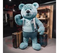 Costume De Mascotte Redbrokoly Teal Teddy Bear Habillé Avec Un Short En Jean Et Des Porte-Documents Multicolore