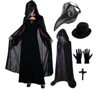 Costume de médecin de la peste, masque de médecin de la peste, masque à bec long avec costume d'Halloween, robe, chapeau, gants, collier croix, sceptre, costume d'Halloween pour adultes, cosplay, jeu