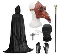 Costume de médecin de la peste - Masque d'Halloween à long bec noir avec cape noire à capuche - Collier croix, gants, canne - Masque intégral pour Halloween, carnaval, bal masqué
