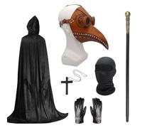 Costume de médecin de la peste - Masque d'Halloween à long bec noir avec cape noire à capuche - Collier croix, gants, canne - Masque intégral pour Halloween, carnaval, bal masqué