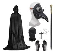 Costume de médecin de la peste - Masque d'Halloween à long bec noir avec cape noire à capuche - Collier croix, gants, canne - Masque intégral pour Halloween, carnaval, bal masqué (B)