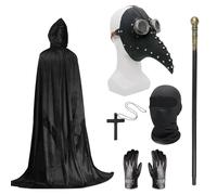 Costume de médecin de la peste - Masque d'Halloween à long bec noir avec cape noire à capuche - Collier croix, gants, canne - Masque intégral pour Halloween, carnaval, bal masqué