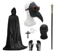 Costume de médecin de la peste - Masque d'Halloween à long bec noir avec cape noire à capuche - Collier croix, gants, canne - Masque intégral pour Halloween, carnaval, bal masqué