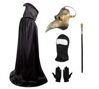 Costume de médecin de la peste, masque rétro en cuir à long bec d'oiseau, masque steampunk avec gants noirs, cape à capuche, masque intégral, canne pour Halloween et cosplay
