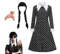 Costume de mercredi pour enfant, costume de mercredi pour fille, robe d'Halloween pour femme, robe pour femme avec col, tenue d'Halloween, robe midi pour fille, noir, ensemble avec perruque et mains