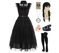 Costume de mercredi pour femme - Costume gothique noir - Mercredi - Famille adulte - Cosplay avec autocollant - Perruque - Chaussettes - Bonnet de perruque - Costume de carnaval - Tenue pour carnaval,