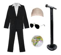 Costume de Mr Worldwide pour adultes - XXL - Costume noir, chemise blanche, casquette chauve, lunettes de soleil, chèvre noire, microphone gonflable, globe gonflable - Costume de concert de musique