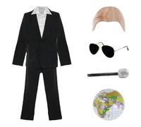 Costume de Mr Worldwide pour adultes - XXL - Costume noir, chemise blanche, casquette chauve, lunettes de soleil, chèvre noire, microphone argenté, globe gonflable - Costume de concert de musique pour