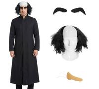 Costume de nain de sorcier pour adultes - Robe de sorcier noire longue avec perruque noire chauve, grand nez prothétique et sourcils touffus - Déguisement pour Halloween et fêtes à thème dessin animé