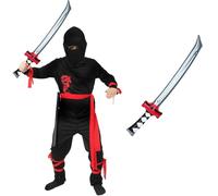 Costume de ninja pour enfants + épée Katana gonflable Noir et rouge avec capuche masquée pour Halloween Taille L 10-12 ans