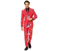 Costume de Noël homme Opposuits - Rouge avec imprimés de Noël - Veste, cravate et pantalon inclus M