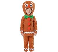 Costume de Noël pour enfant en pain d'épices - Taille M - Haut marron avec nœud papillon vert et capuche en pain d'épices, pantalon marron - Costume de Noël festif pour enfants garçons et filles