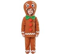 Costume de Noël pour garçon en pain d'épices - Taille L - Haut marron avec nœud papillon vert et capuche en pain d'épices, pantalon marron - Costume de Noël festif pour enfants