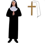 Costume de nonne pour homme - XXL - Robe noire et blanche, coiffe, ceinture et collier avec croix dorée - Déguisement religieux d'Halloween amusant pour adultes