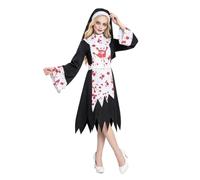 Costume de nonne taché de sang pour femme - Empreinte de main sanglante | Costume de nonne effrayant taché de sang avec empreintes de main, convient pour Halloween, fêtes d'horreur et cosplay