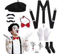 Costume de pantomime pour femmes et hommes, 5 accessoires de mime français, déguisement mime béret noir tatouage facial bas moustaches gants bretelles nœud papillon costume de carnaval Halloween