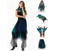 Costume de paon pour femme - Lot de 4 jupes en tulle bleu vert - Costume de paon - Cape en plumes - Manchette à plumes - Bracelet de poignet - Boa à plumes - Pour carnaval, cosplay, carnaval, fête à