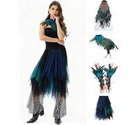 Costume de paon pour femme - Lot de 4 jupes en tulle bleu vert - Costume de paon - Cape en plumes, manchette en plumes, bracelet de poignet - Boa à plumes - Bandeau à plumes pour carnaval, cosplay