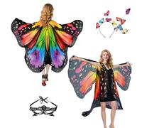 Costume de papillon pour femme - Ailes de papillon - Pour adulte - Deux niveaux - Cape de déguisement de papillon - Accessoires de costume - 3 masques faciaux (serre-tête arc-en-ciel)