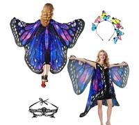 Costume de papillon pour femmes avec ailes de papillon adultes en 3 pièces, avec cape à double couche d'ailes de papillon pour carnaval, y compris accessoires de costume papillon, serre-tête, masque
