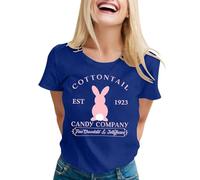 Costume de Pâques 2026 pour femme T-shirt « Joyeuses Pâques » avec motif de lapin, t-shirt amusant avec lettres imprimées à manches courtes, bleu, S