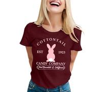 Costume de Pâques 2026 pour femme T-shirt « Joyeuses Pâques » avec motif de lapin, t-shirt amusant avec lettres imprimées à manches courtes, Bordeaux, M