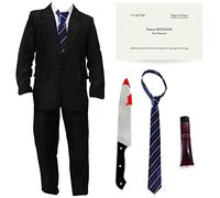 Costume de Patrick Bateman pour adulte - XXL - Costume noir + cravate bleue + couteau + carte de visite + faux sang - Costume d'Halloween de personnage psycho américain