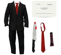 Costume de Patrick Bateman pour adulte - XXL - Costume noir + cravate bleue + couteau + carte de visite + faux sang - Costume d'Halloween de personnage psycho américain