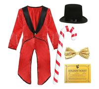 Costume de patron Chocolate Factory pour enfant - Tailcoat à paillettes rouges - Chapeau haut de forme noir - Ticket doré - Nœud papillon doré - Sucre d'orge - Fête mondiale du livre - 13/14 ans