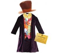 Costume de patron Chocolate Factory pour garçon + ticket doré violet | Veste en velours violet, gilet imprimé bonbons, nœud papillon doré, chapeau haut de forme marron, ticket doré inclus