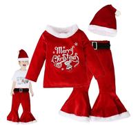 Costume de Père Noël à manches longues en velours avec bonnet de Père Noël avec bas clochette - Chemises avec col et imprimé Père Noël, sweat-shirt avec fleurs