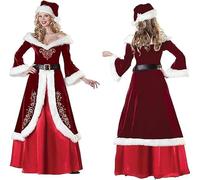 Costume De Père Noël Femme, Déguisement Mère Noël, Deluxe Rouge Robe Longue Style Reine De Noël avec Capuche Et Ceinture, Cosplay Costume Fête Christmas Adulte Santa Tenue 4XL