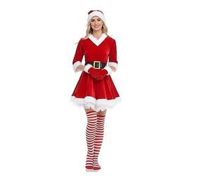 Costume de Père Noël pour femme - Robe de Père Noël avec capuche - Rouge - Gants de Noël - Tenue Miss Santa pour femme - Cosplay