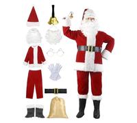 Costume de Père Noël pour homme - 11 pièces - Pour Noël, cosplay, fête - Avec stop-Noël - Pantalon de Noël - Bottes de Noël - Chapeaux - Gants - Sac - Perruque - Barbe - Ceinture - Cloche - Lunettes