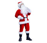 Costume de Père Noël pour Hommes Adultes Ensemble Luxe 7 Pièces en Velours Rouge Barbe Réaliste, Pantalon, Ceinture pour Fêtes de Noël, Événements et Photos de Famille Officielles