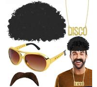 Costume De Perruque Afro Pour Hommes - Tenue Hippie Funky, Lunettes De Soleil Rétro, Collier De Paix, Fausse Moustache | Disco Fever Accessoire De Cheveux Costume Hippie Pour Fête À Thème Des Années 5